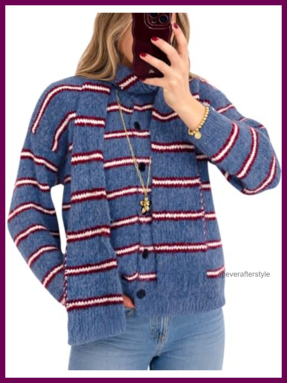 Women Striped Button Up Cardigan Sweater Fall Winter Knit Scarf